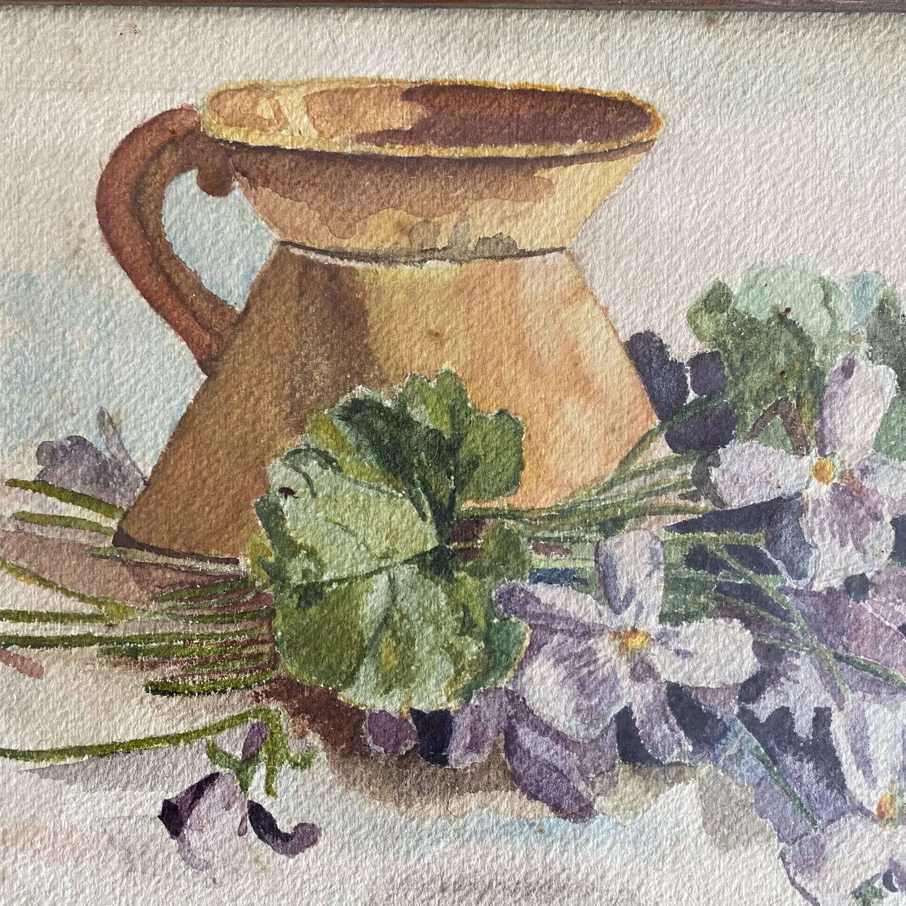 Peinture ancienne bouquet de fleurs, nature morte aquarelle violettes