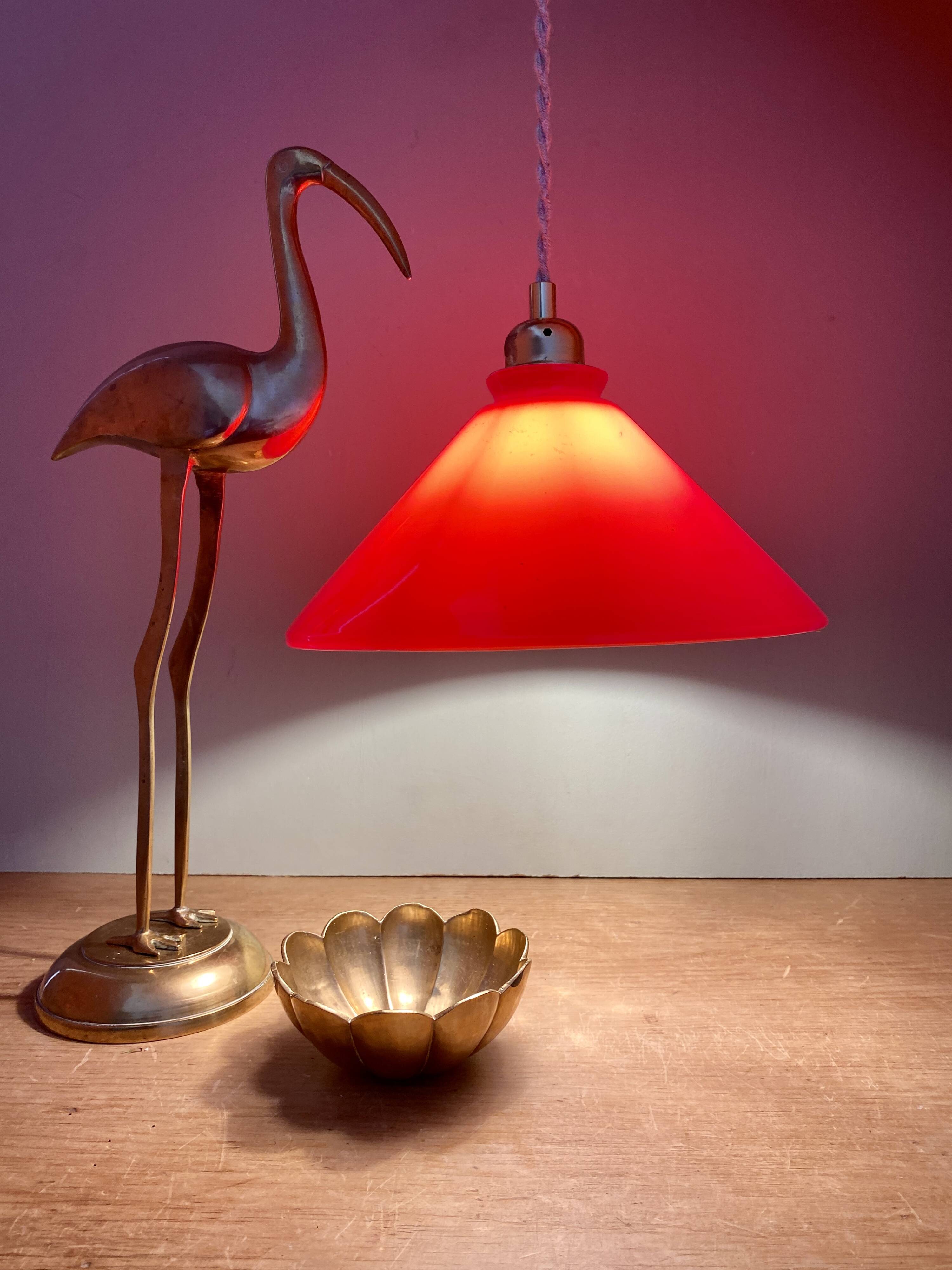 Vintage lampshade pendant light in red and white opaline
