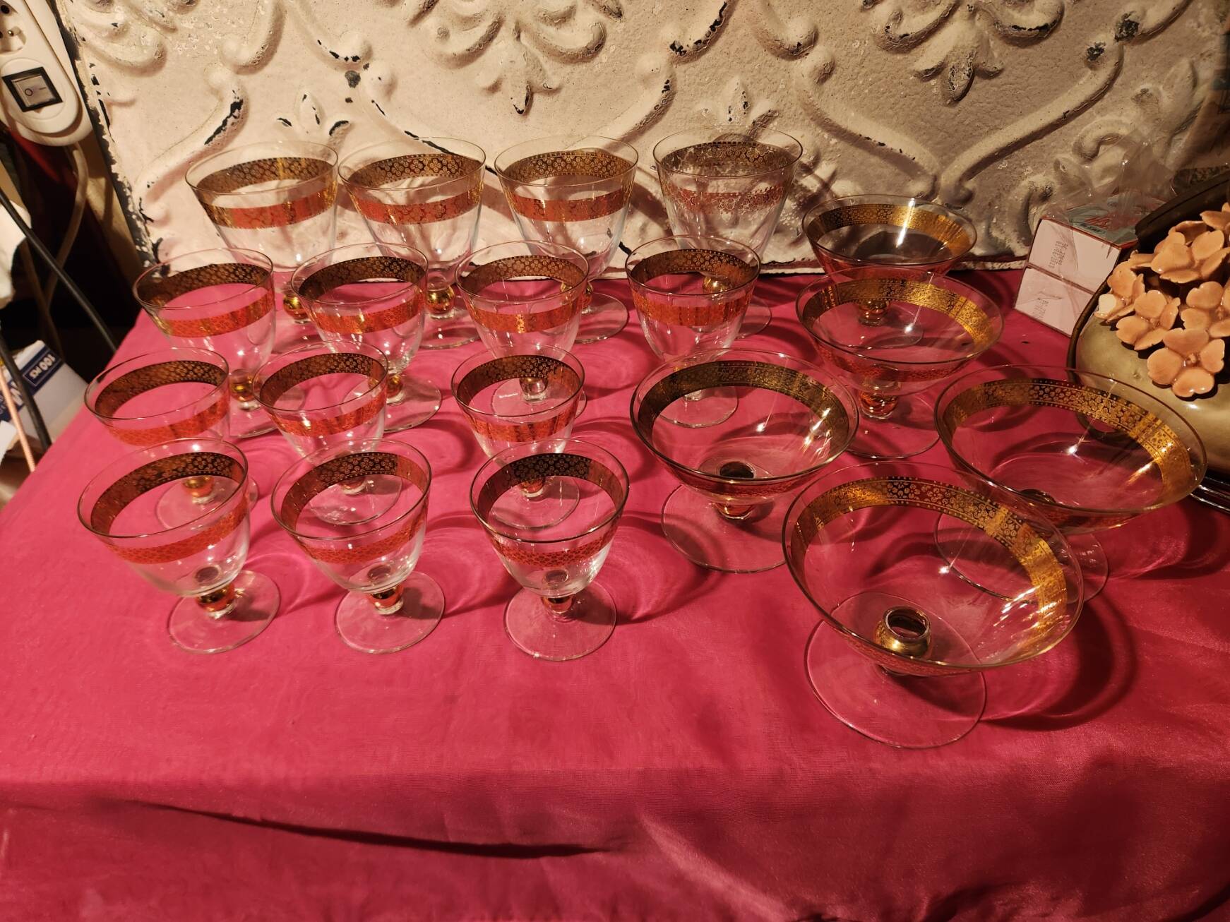 1930s footed glass service with gilding, including champagne flutes.