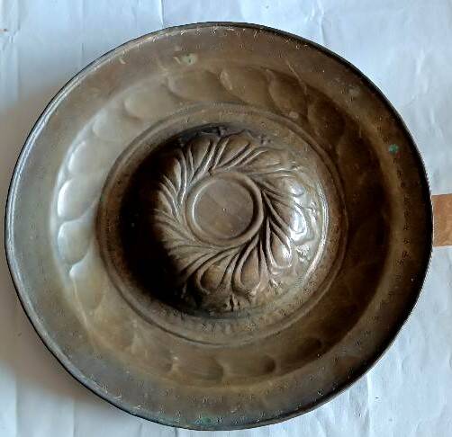 Antique brass alms dish, 17th century
