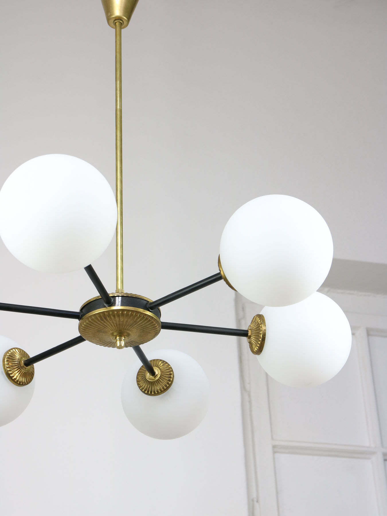 Mid-century sputnik brass and opaline glass chandelier