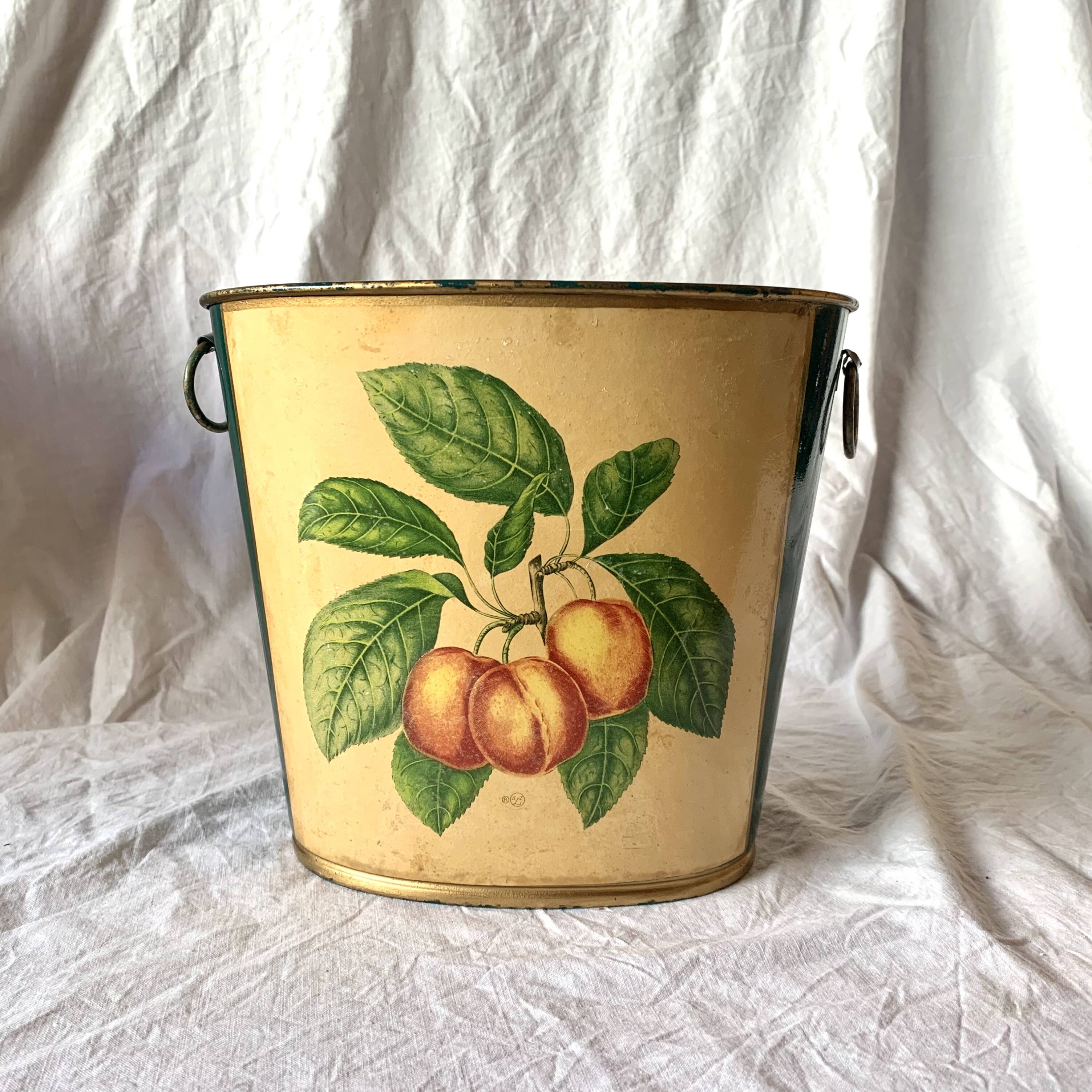 Vintage enamelled sheet metal waste paper basket - peach decor