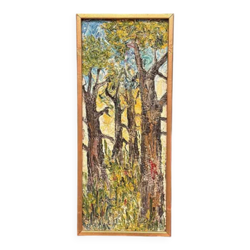Huile sur panneau suédois d'époque mi-siècle – « Forêt » par Stig Allan – Vintage et encadrée – 63 × 28 cm (24,8" × 11")