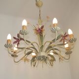 Italian vintage metal chandelier with 8 lights, Mathias bouquet, pink flowers.