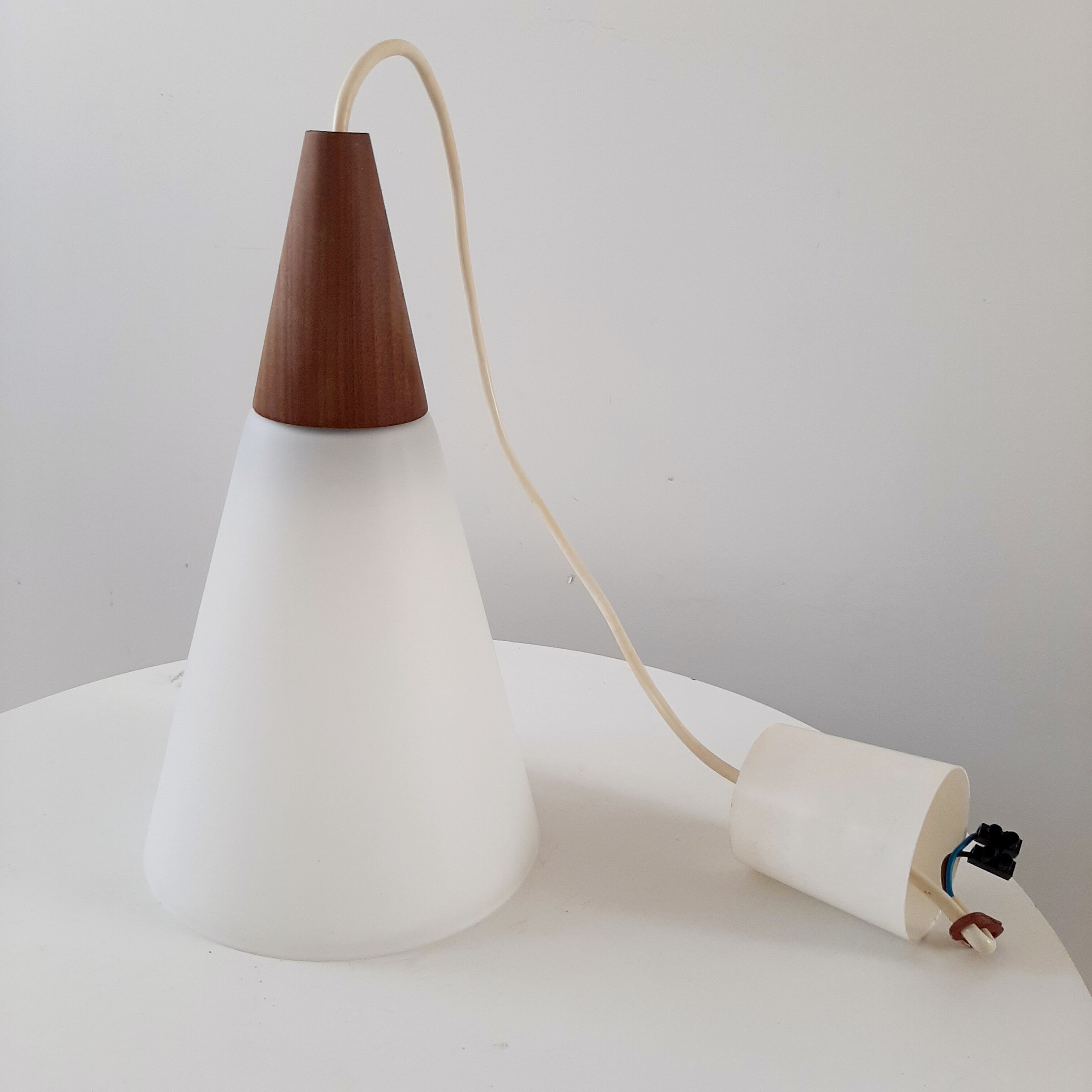 Suspension lamp Louis Kalff 60s teak and opaline