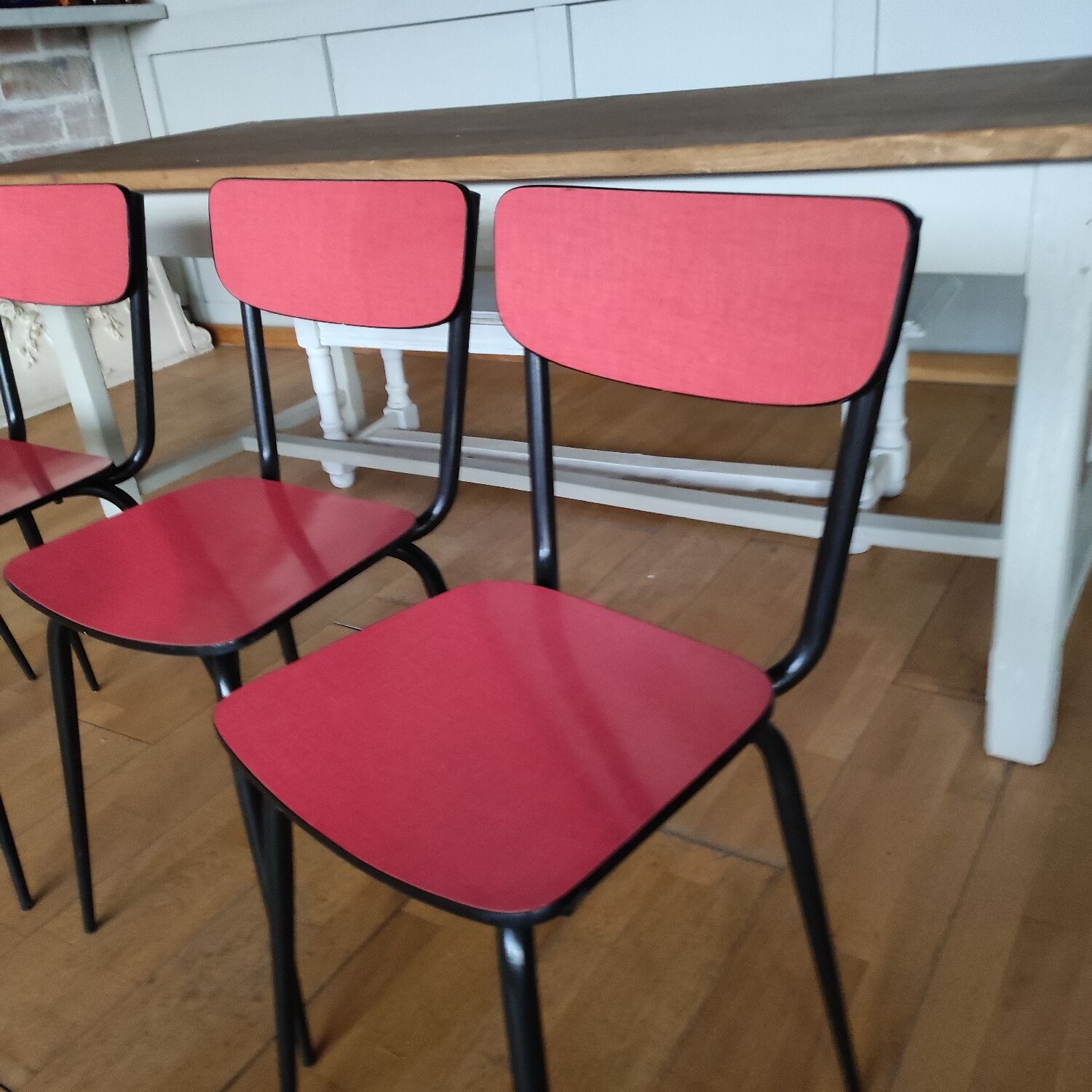 4 restored red formica chairs with black legs