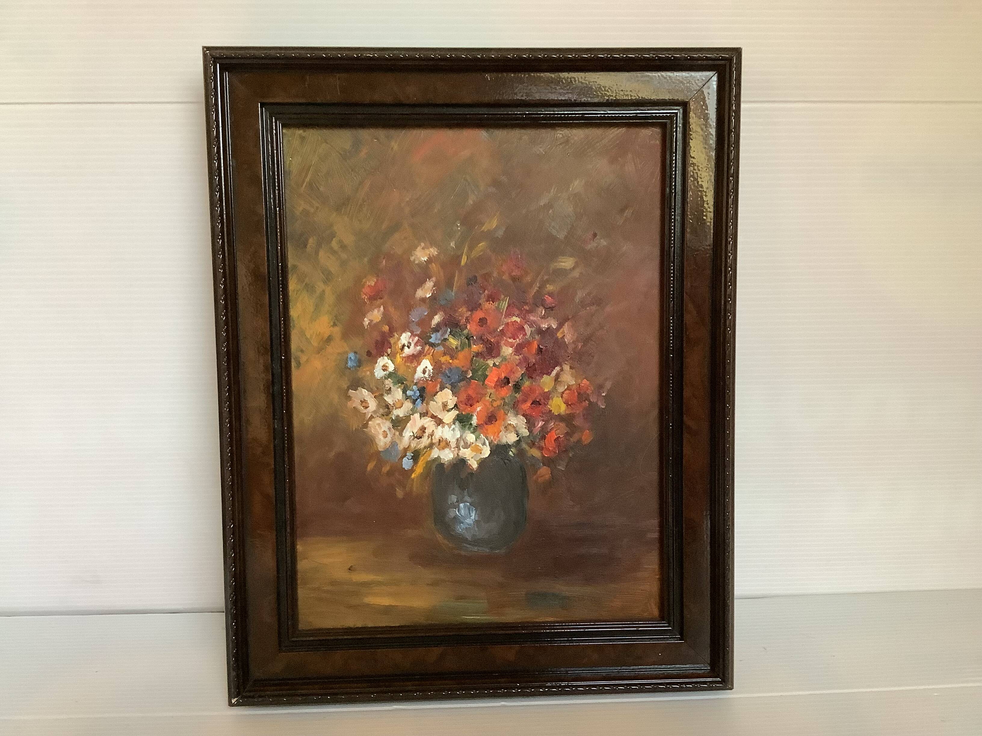 Still life of a bouquet of flowers, oil on cardboard.