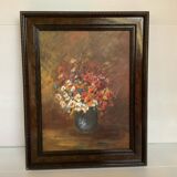 Still life of a bouquet of flowers, oil on cardboard.