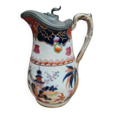 Antique Japanese-style pitcher from the 19th century, tin lid, Imari decoration.