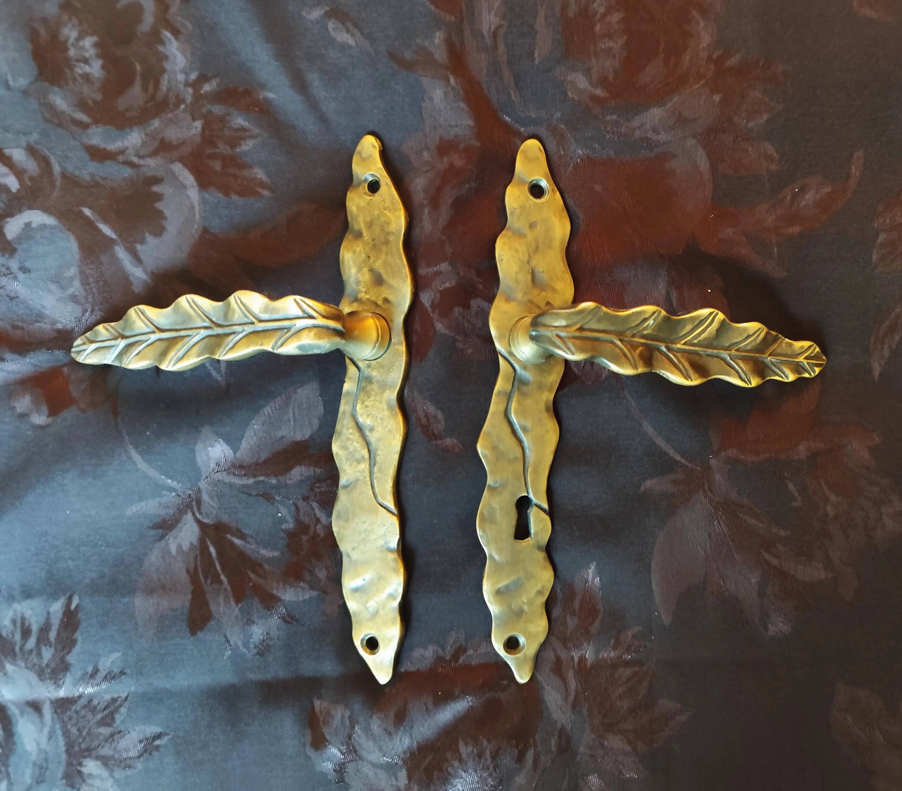 Pair of brass door handles with their cover plates
