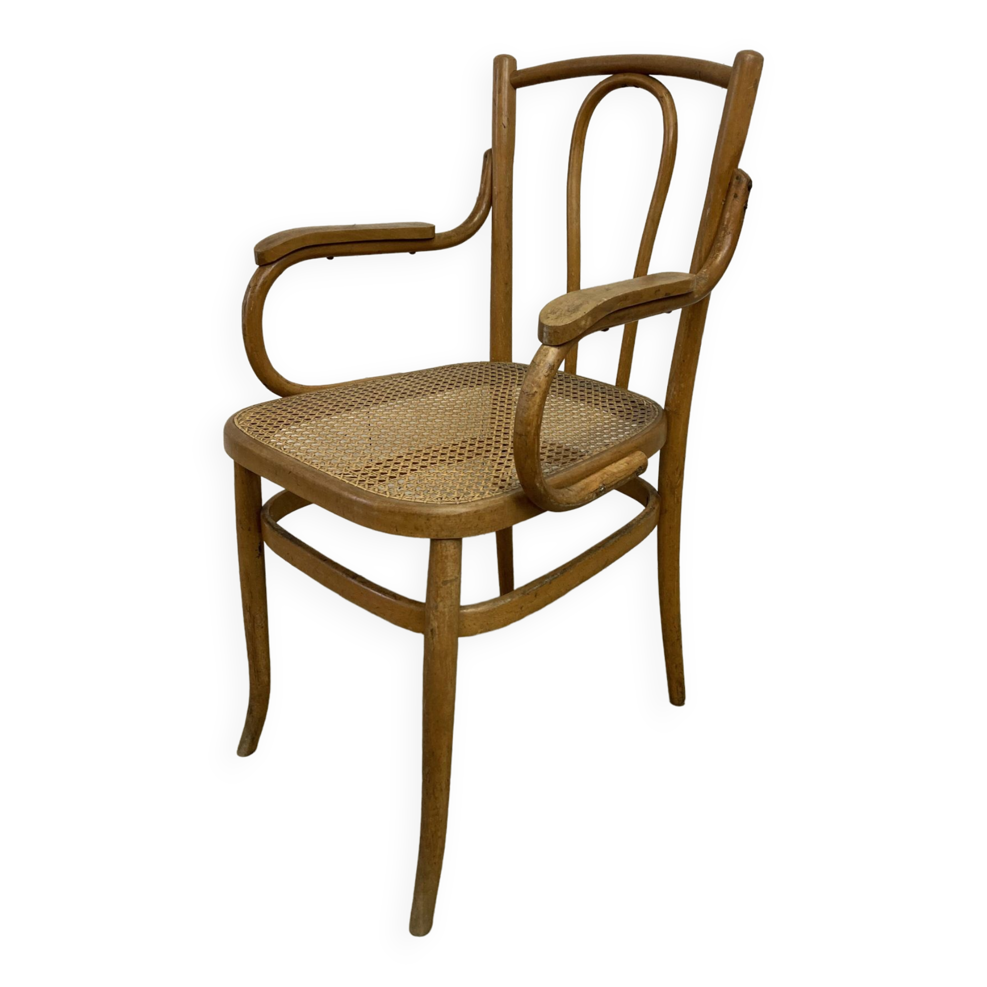 Curved wood and cane armchair