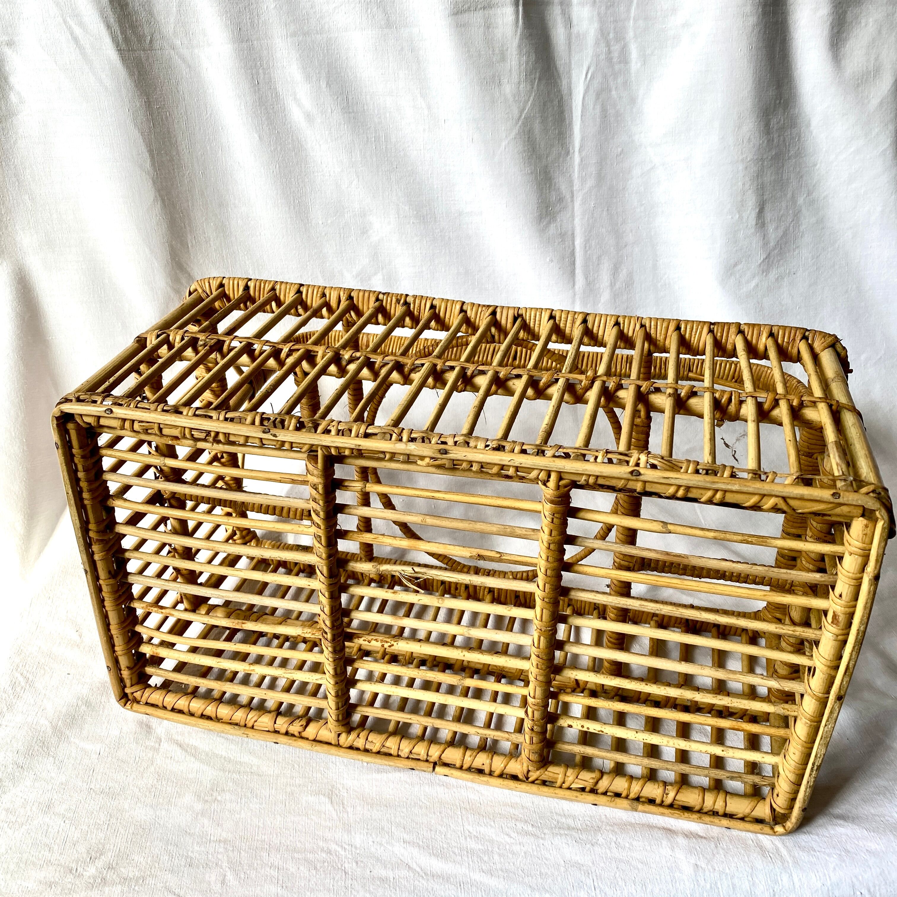 Vintage rattan bottle rack basket