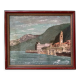 Peinture à l’huile antique milieu du siècle bateaux nautiques maritimes navires paysage marin ancien