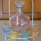 Service a Liqueur consisting of a metal servant, a carafe and 6 small vintage glasses 1950
