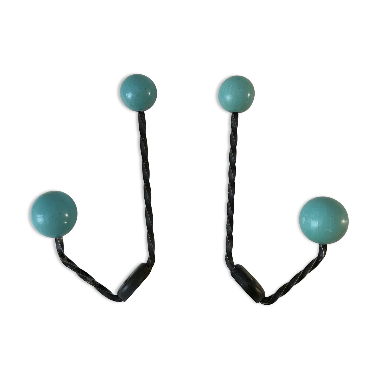 Duo of hooks balls in blue wood and black iron 60s