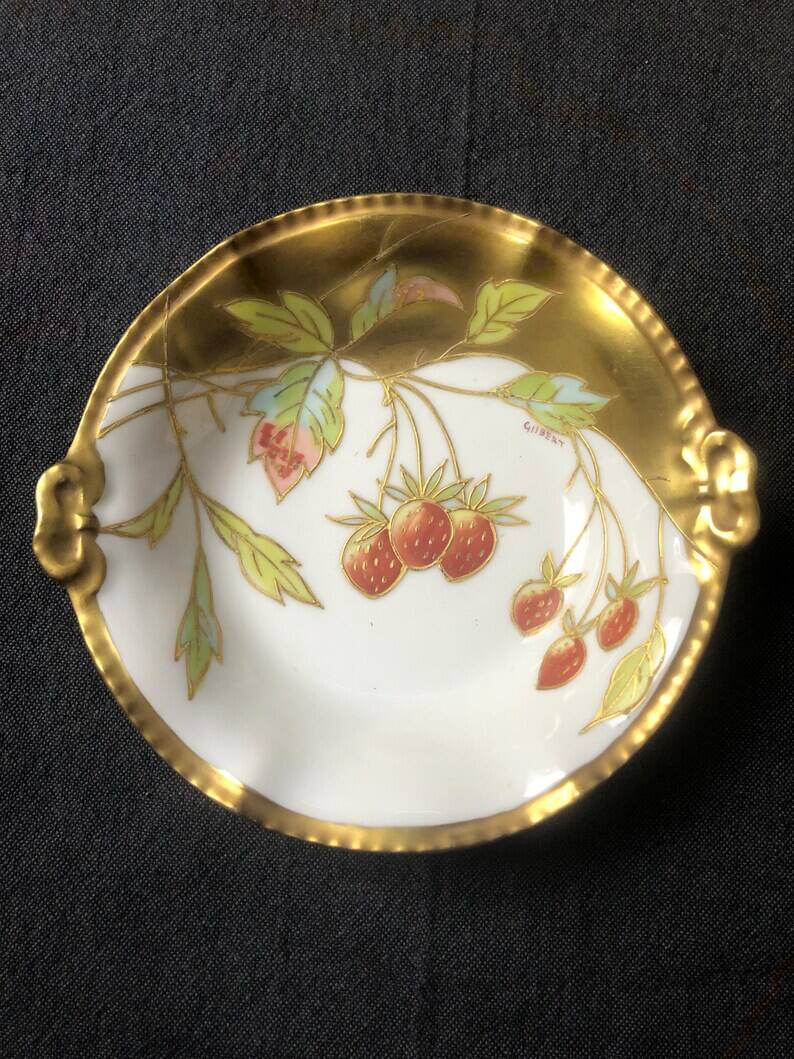 Five Antique Limoges Porcelain Berry Plates: Hand-Painted Gilbert, Gilded