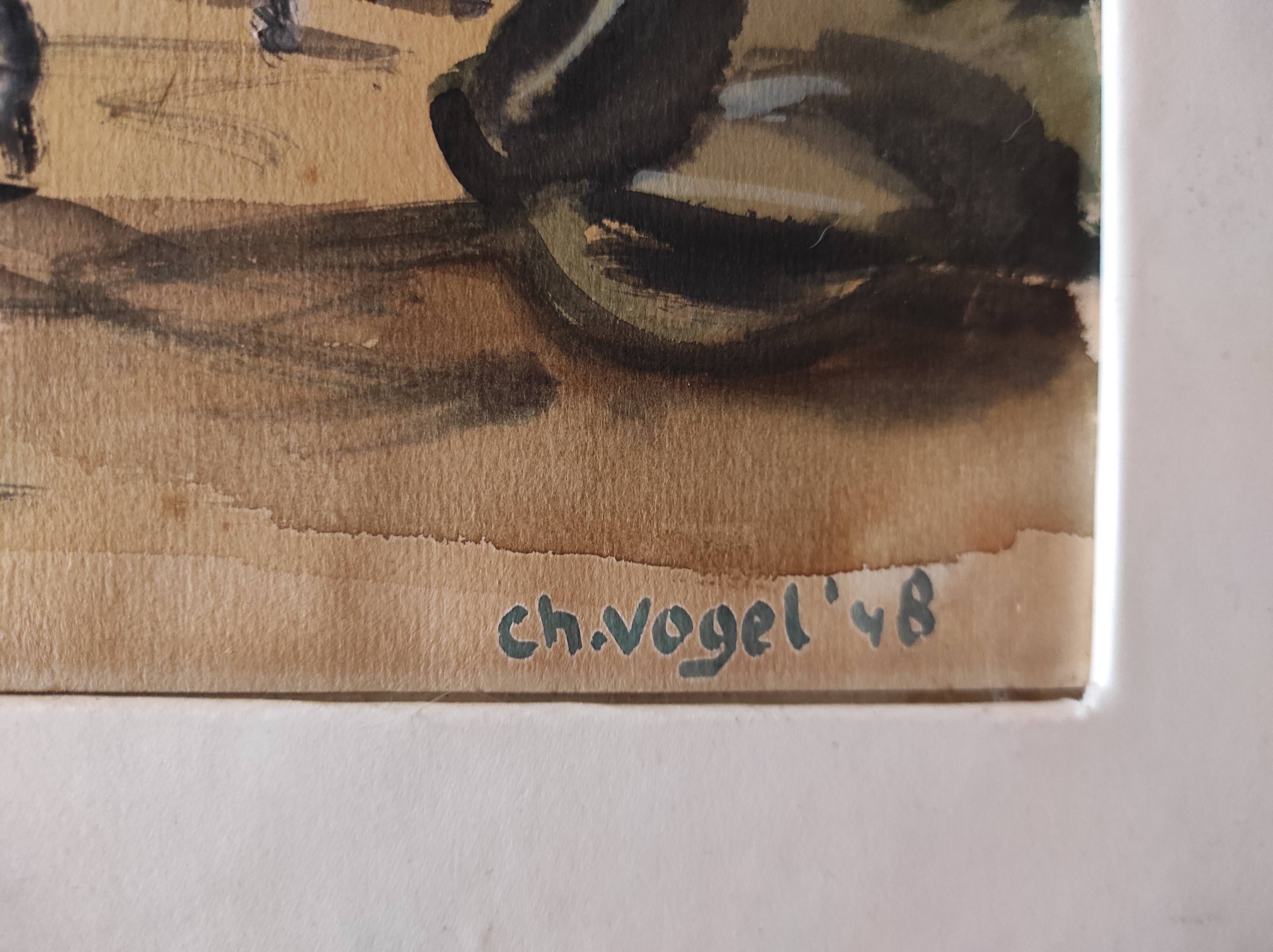 Vintage French watercolour of the Moulin Rouge, in Paris, signed Ch. Vogel, from 1948