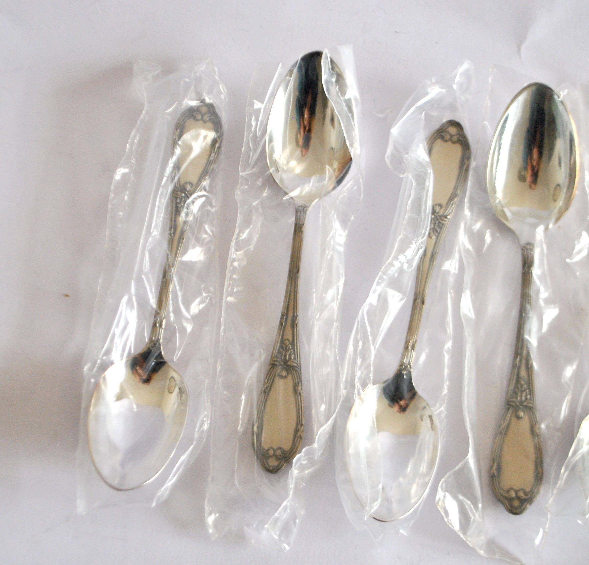 DEETJEN set of 6 silver-plated metal teaspoons or dessert spoons with crossed ribbons, new, 14.5 cm