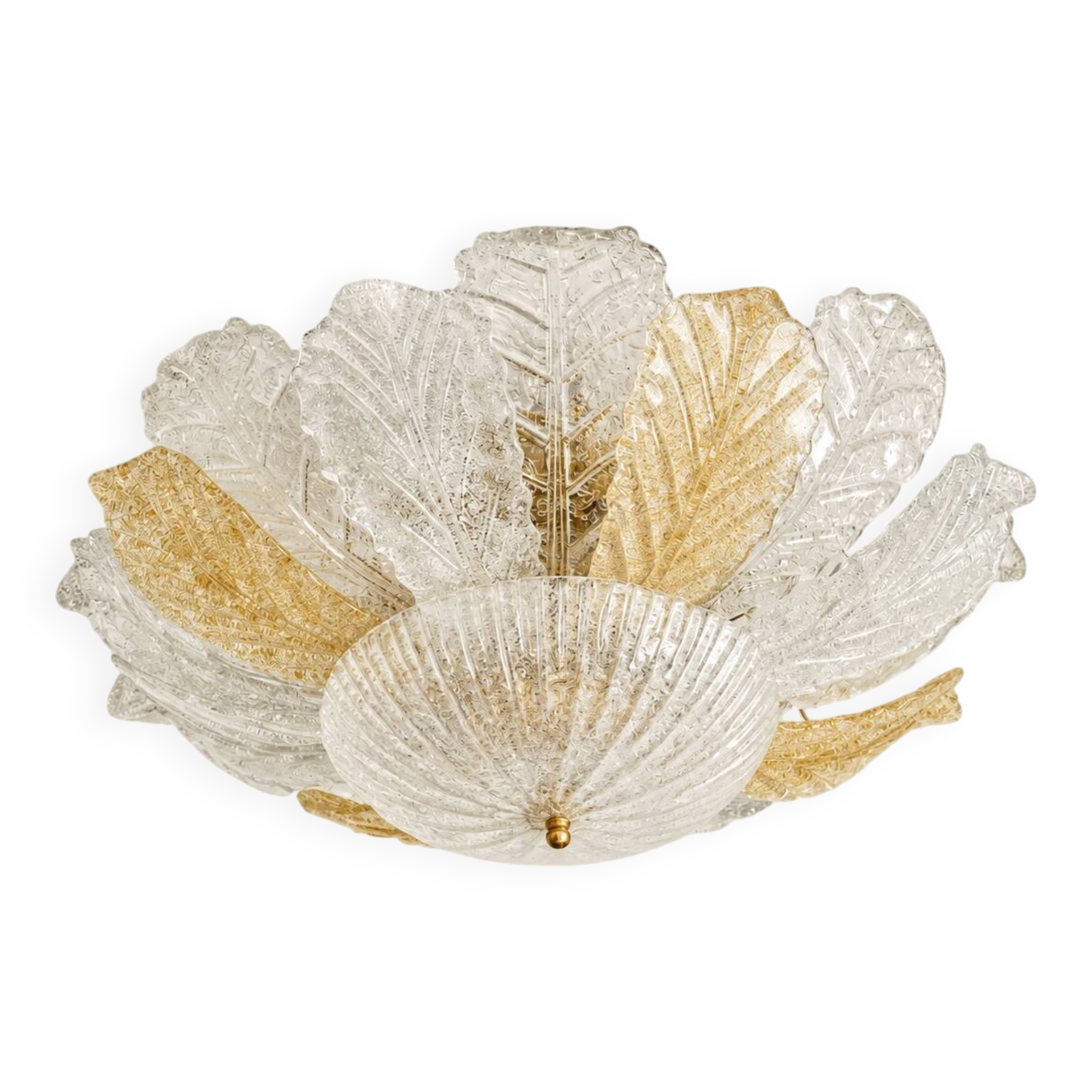 Chandelier/plafonnier vintage en Murano avec 16 feuilles blanches et ambrées.