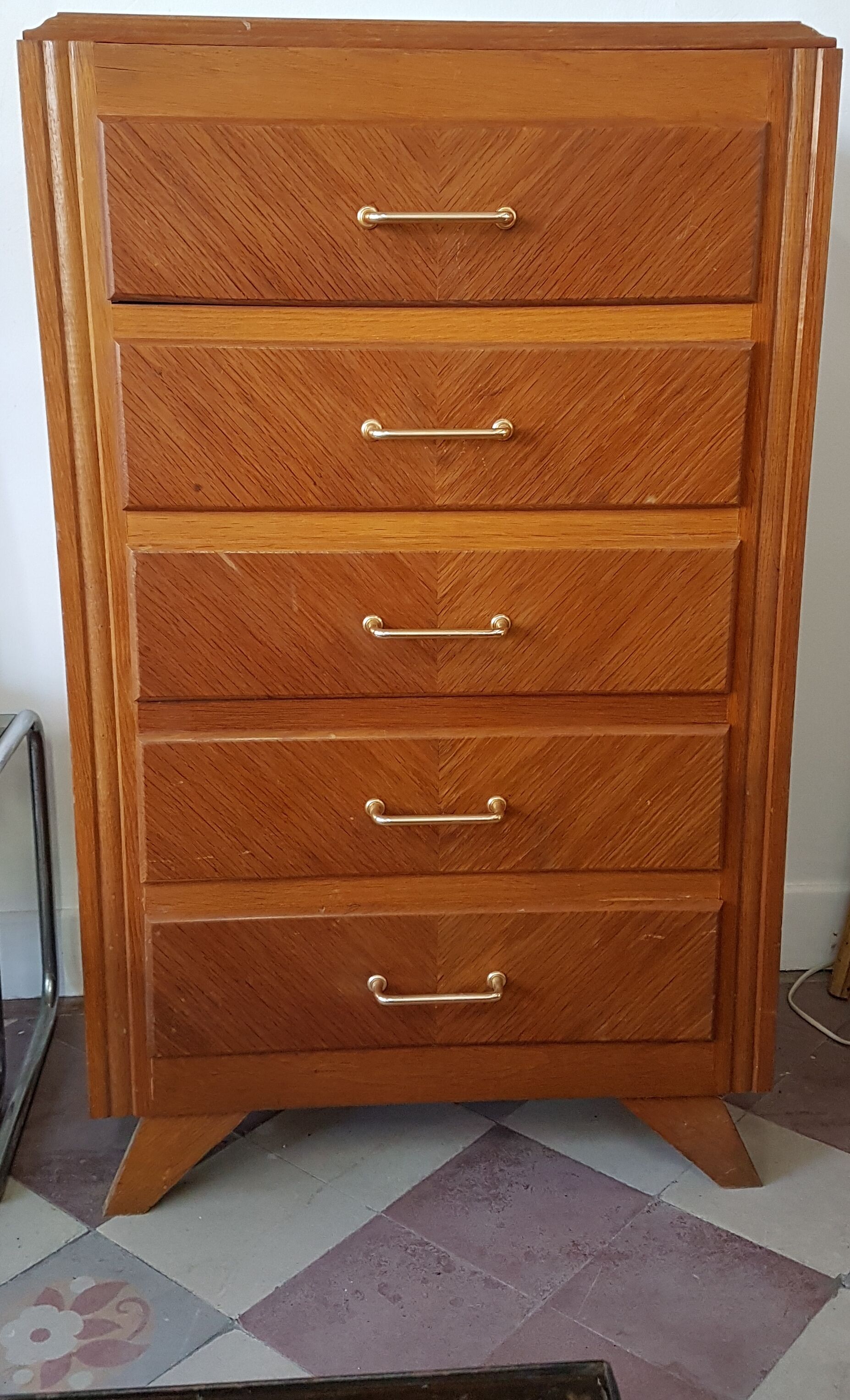 Dresser in natural wood with 5 trays, compass feet, 1960
