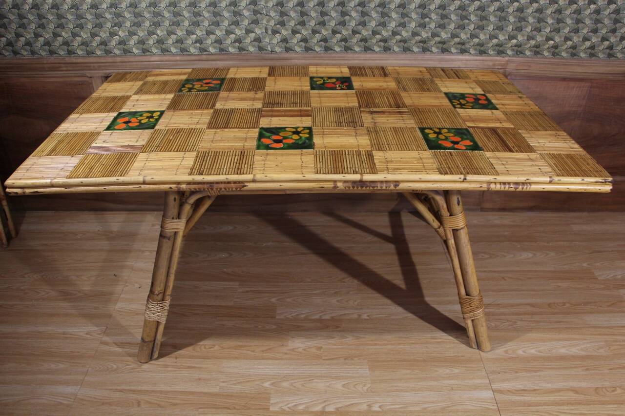 Rattan And Ceramic Dining Room Table Audoux Minnet attribution