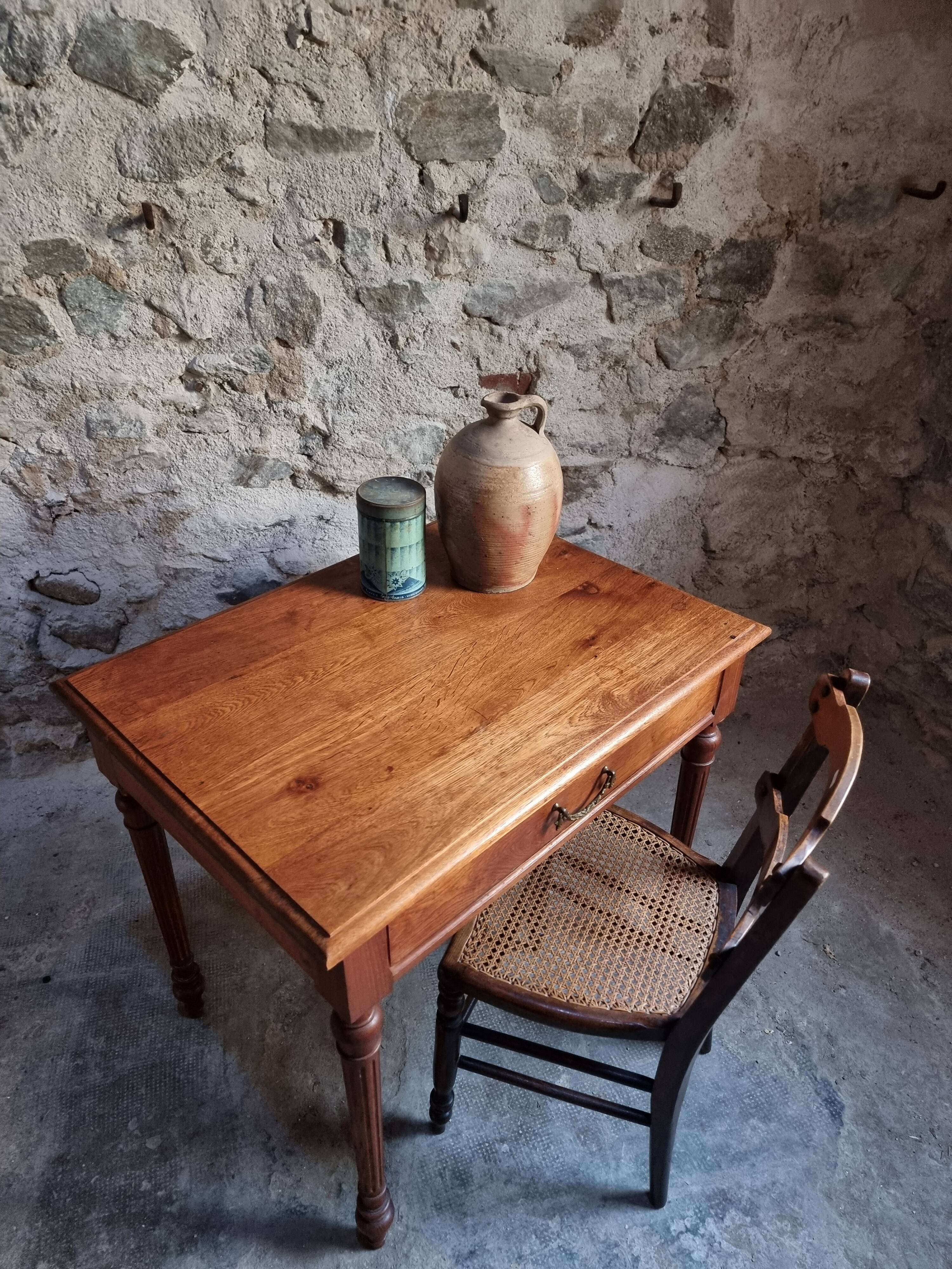 Antique oak writing table with drawer, French side table, console, solid oak desk, circa 1930–1950.