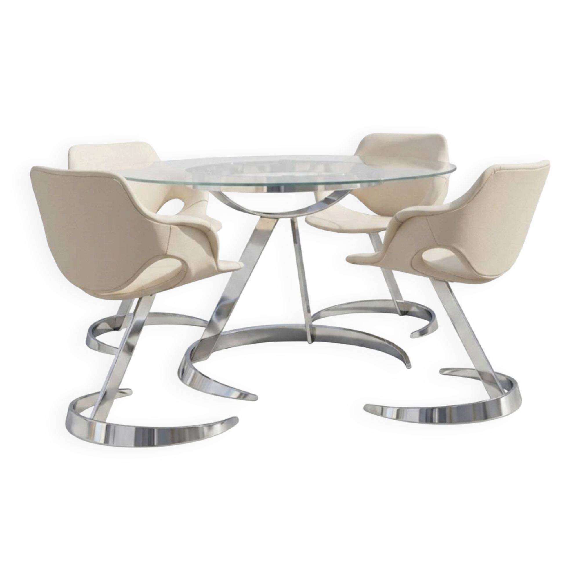 Ensemble Euro Steel International Space Age : Table Verre & 4 Chaises