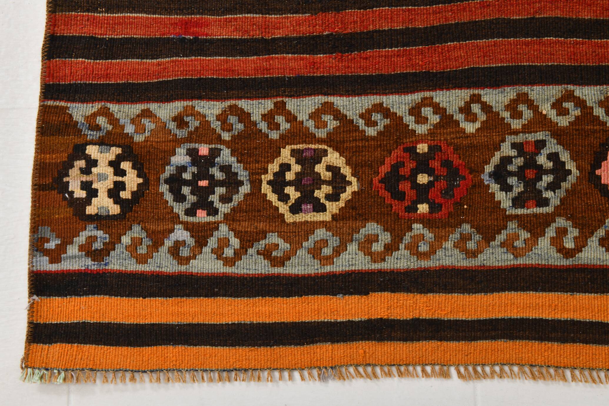 Brown & Orange Stiped Mid Century Vintage Kilim Rug, 75x387 Cm
