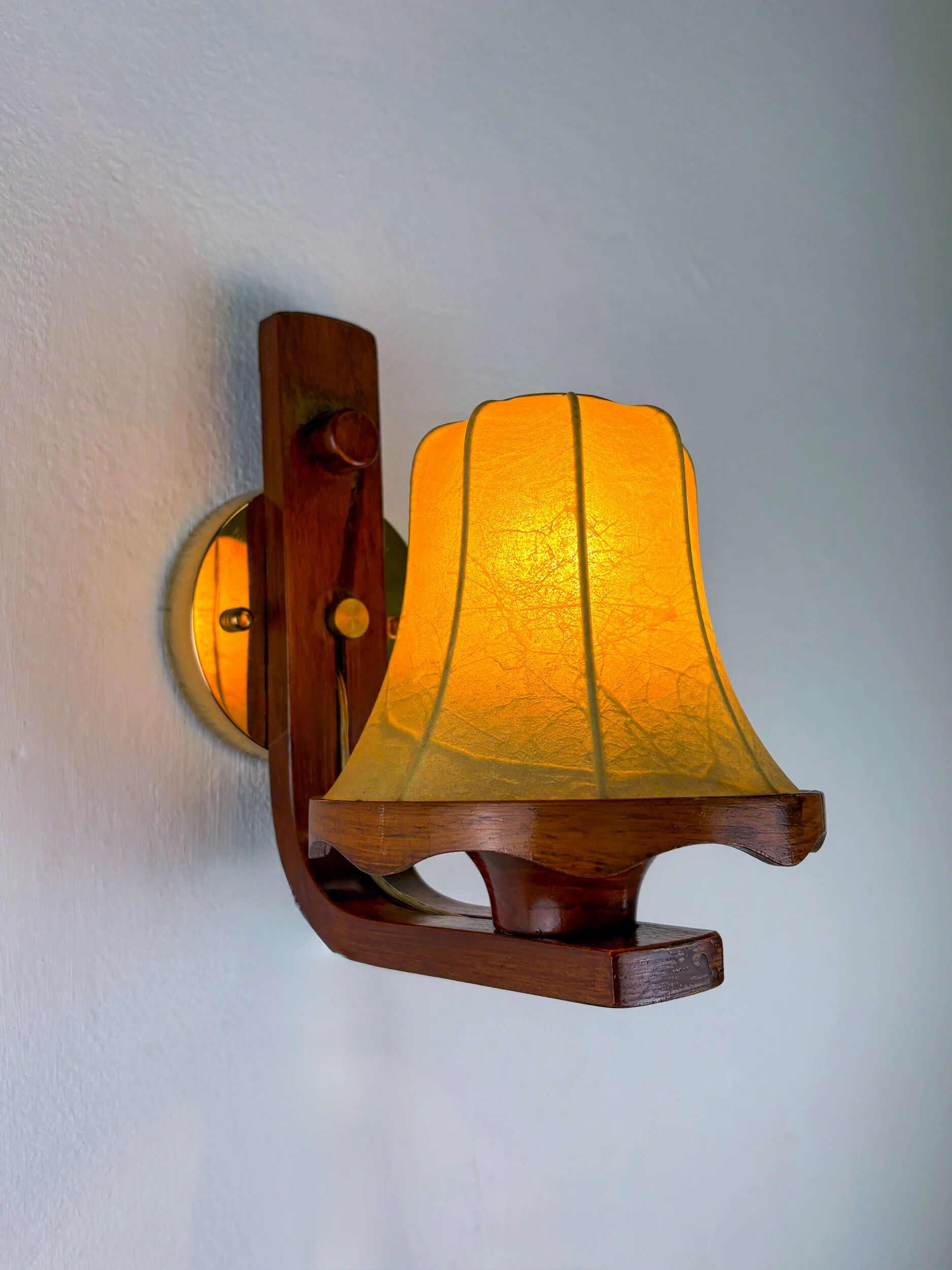 Paire de lampes murales "Cocoon" italiennes, en résine et bois, années 1970.