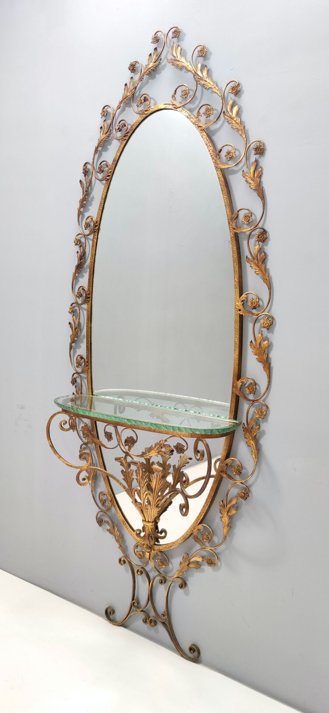 Entryway Mirror and Brass Console Table by Pierluigi Colli with Glass Top