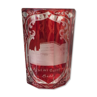 Red and transparent bohemian glass cup castle and hotel