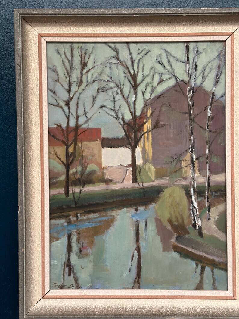 Original Swedish Oil on Canvas - "Landscape with Trees and Buildings" by Ingvar Björk - 1948 - Vintage - Framed - 62 × 48 cm (24.4" × 18.9")