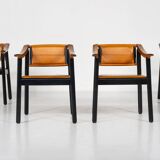 Mid-Century Modern 4 Armchairs in the style of Scarpa, Wood and Leather, Italy, 1960s