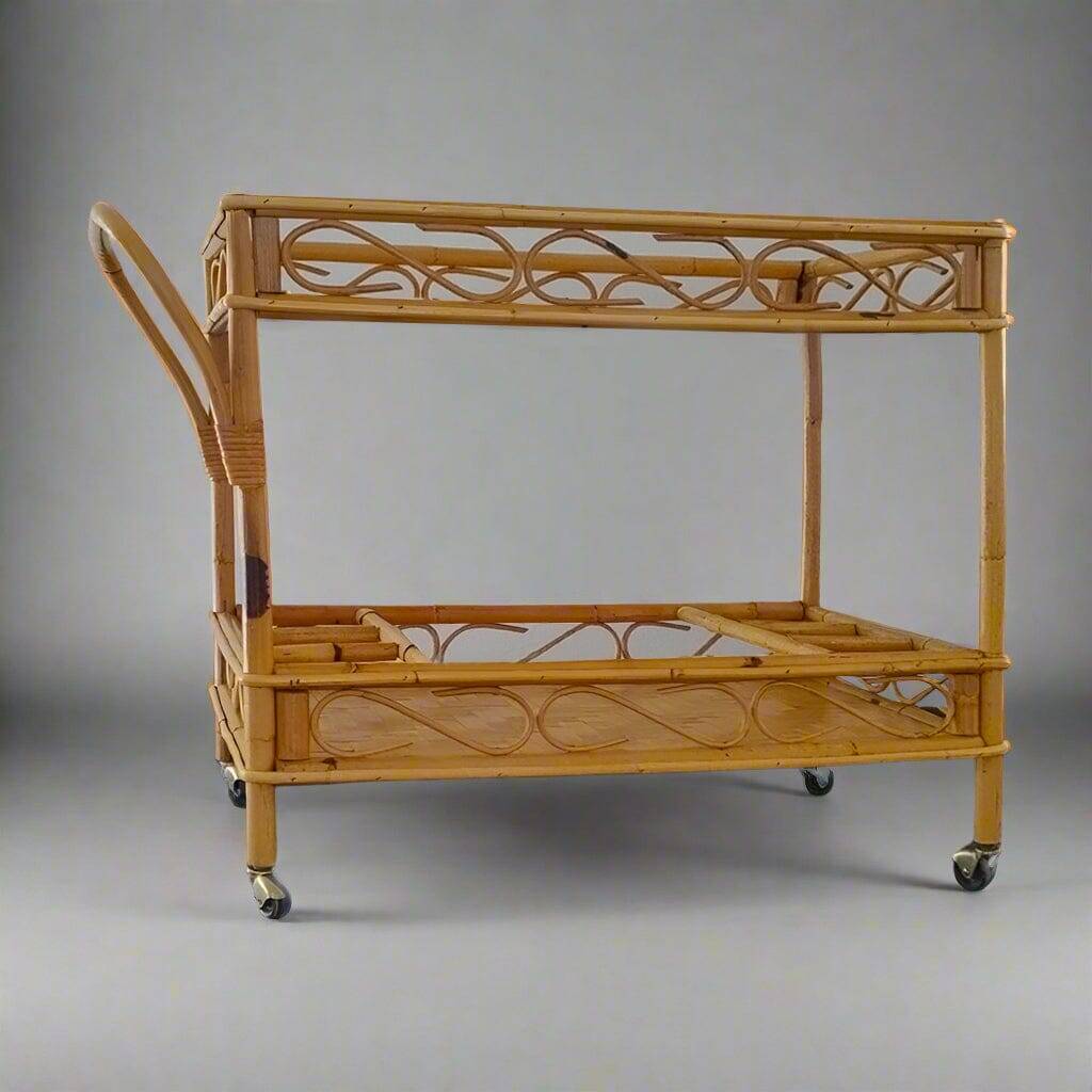 1960s Exquisite Italian Bamboo & Rattan Bar Cart by Franco Albini - Mid Cen