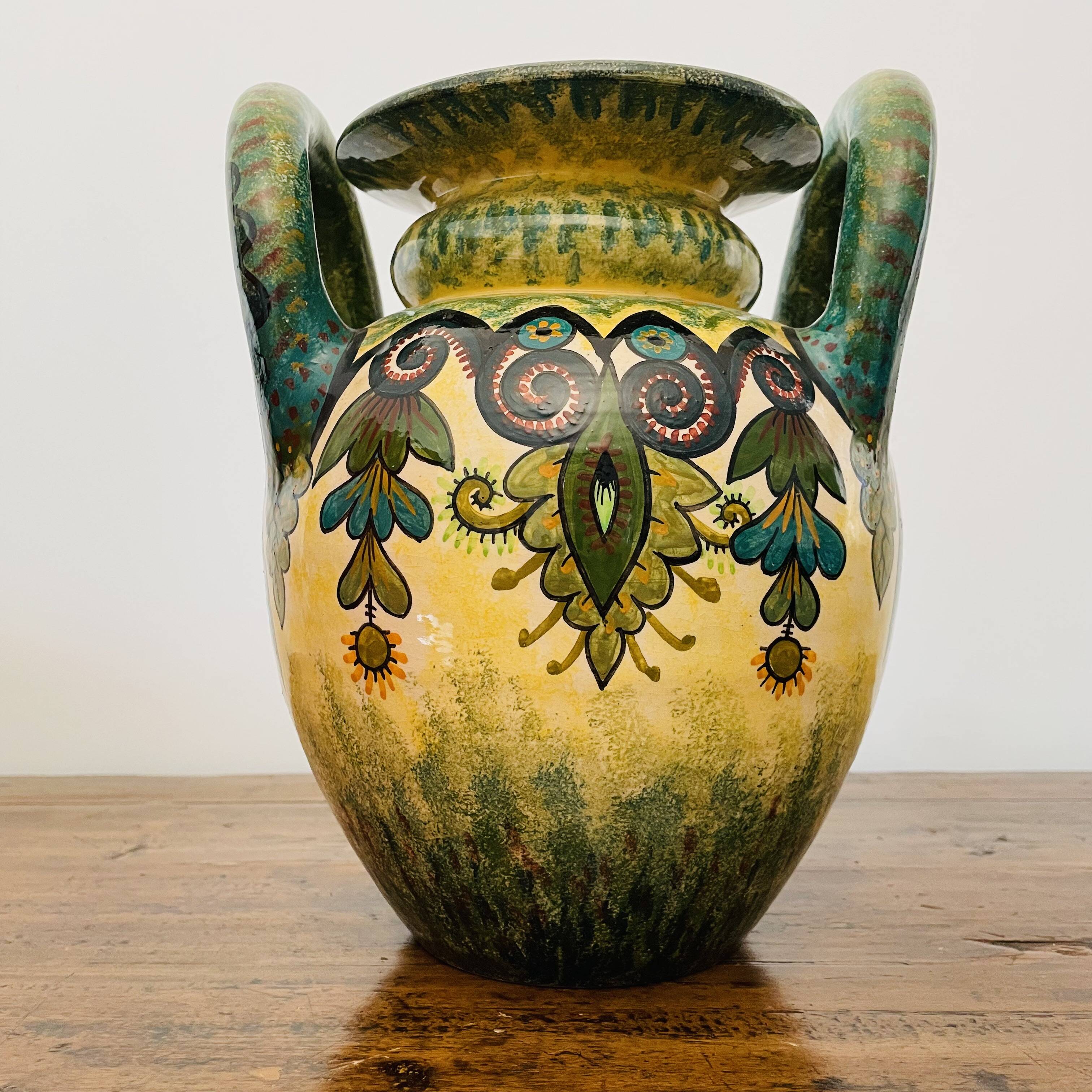 Sublime vase signed Paul Fouillen with yellow and green handles 1940