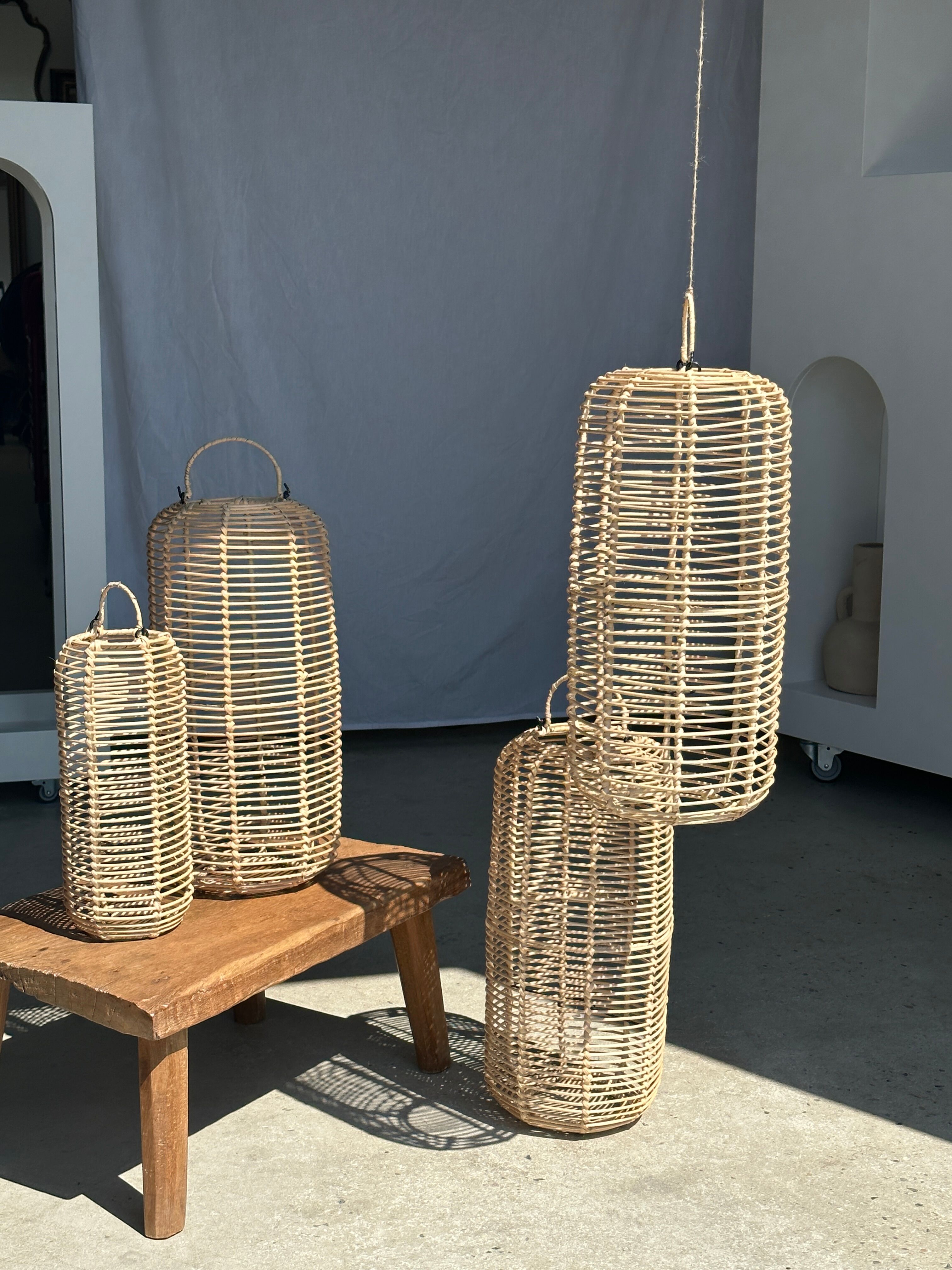 Large lantern-shaped rattan pendant lamp H50 D24