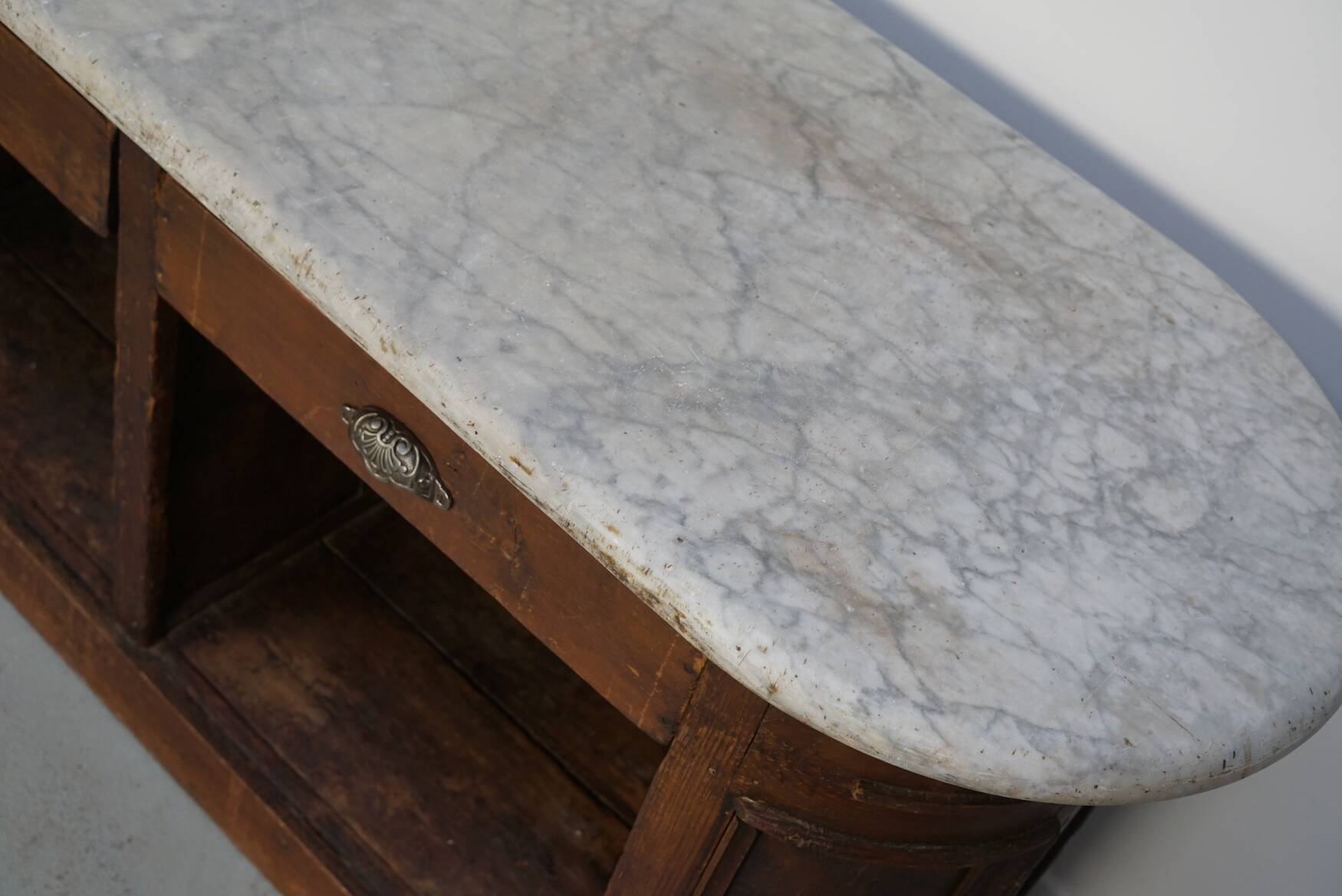 Antique Shop Counter / Kitchen Island in Dutch Pine and Marble, 19th Century