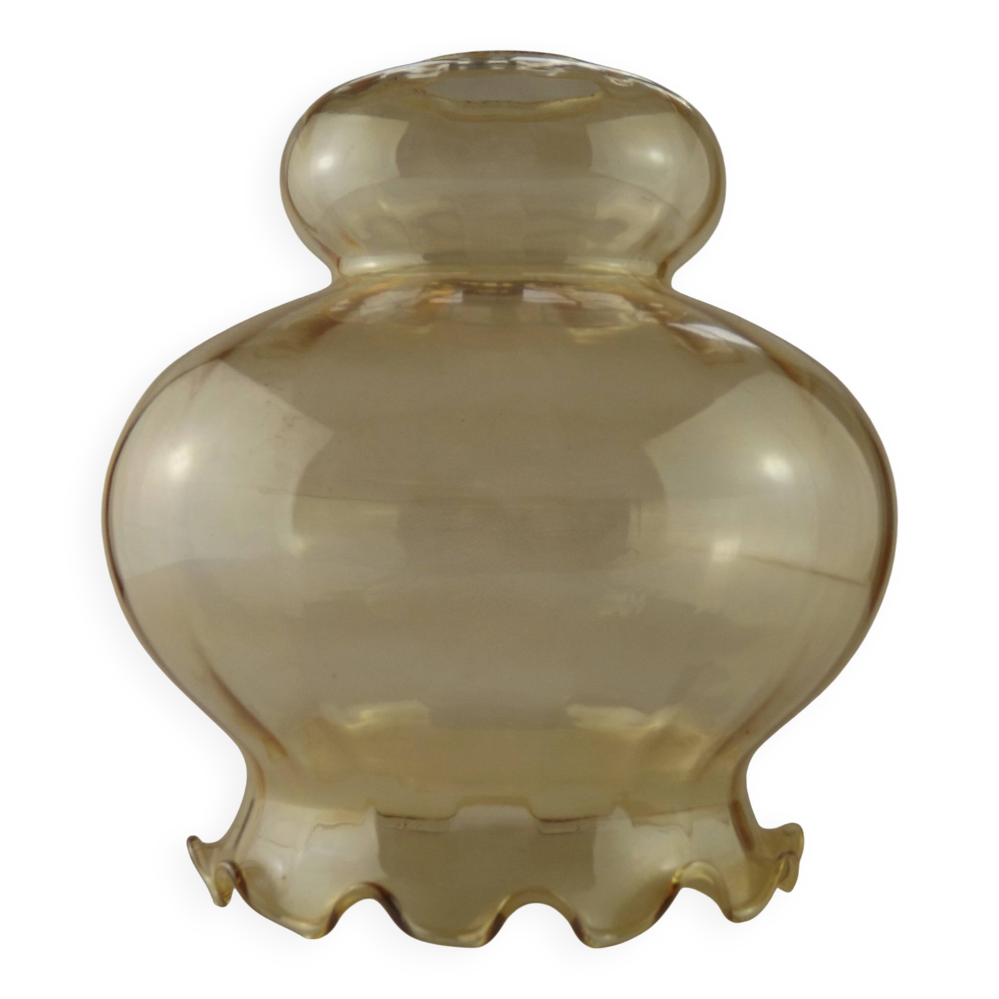 Grand abat-jour en verre ambré du milieu du siècle avec effet nervuré et bord festonné