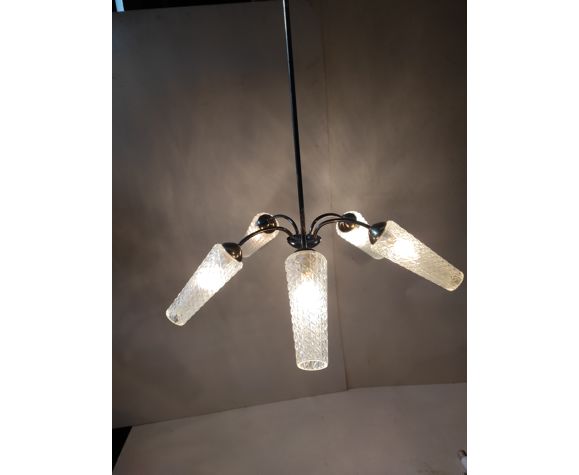 Old vintage 1970s golden brass chandelier