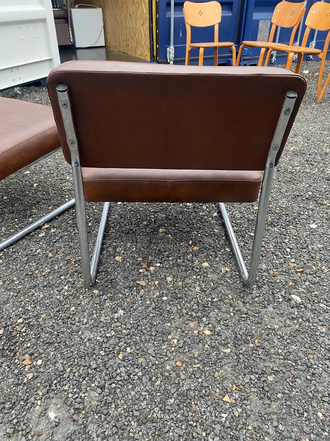 Set of 3 vintage 70s armchairs + pouffe – Brown faux leather