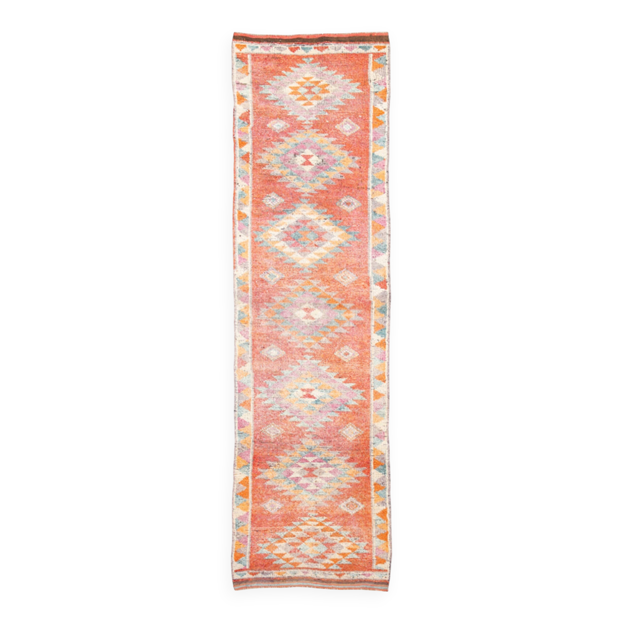 Tapis runner vintage orange à motifs géométriques faits main, 86x319Cm