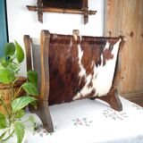Vintage magazine rack wood and natural leather 37x39.5x26 cm 1.76 kg