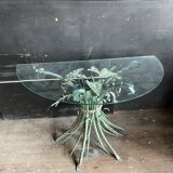 Console vintage en metal patiné feuilles de roseau
