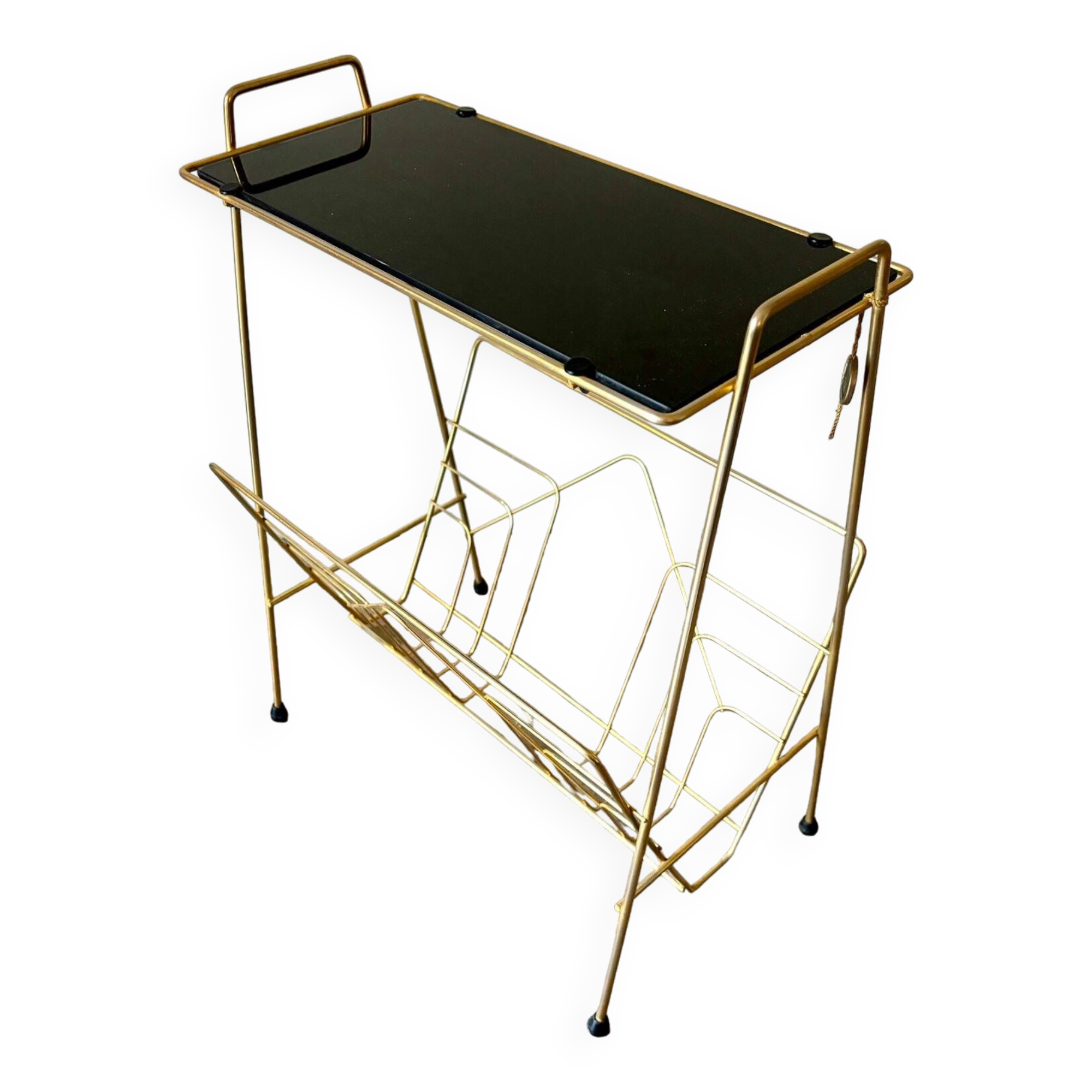 End table, Erdecor magazine holder in gold metal and black glass