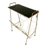 End table, Erdecor magazine holder in gold metal and black glass