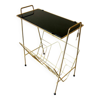 End table, Erdecor magazine holder in gold metal and black glass