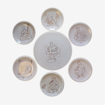 Flat service and 6 ceramic plates signed decoration oriental trades Laurent Salé