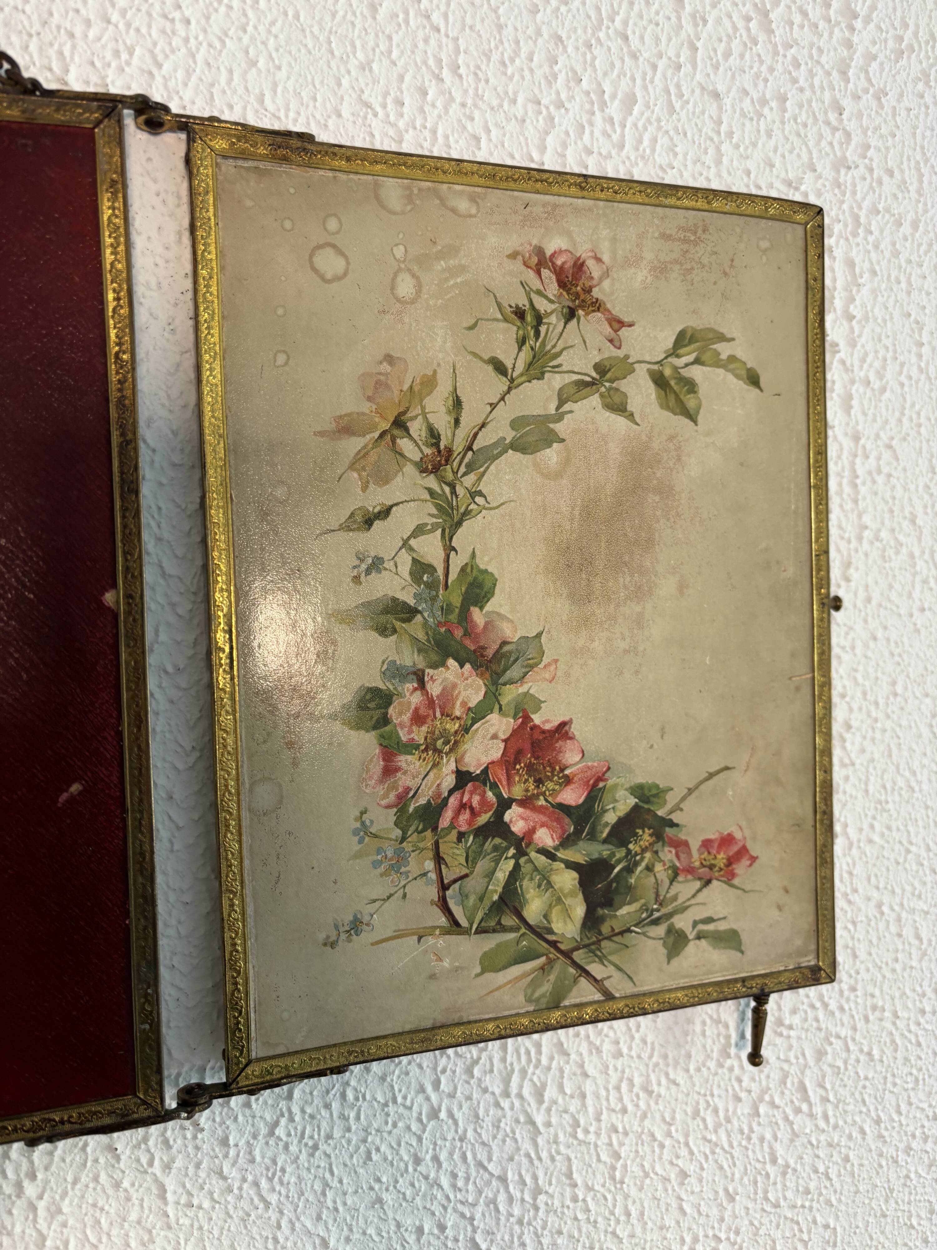 Vintage 1900s triptych barber mirror JB gilt burgundy - 30 x 67 cm