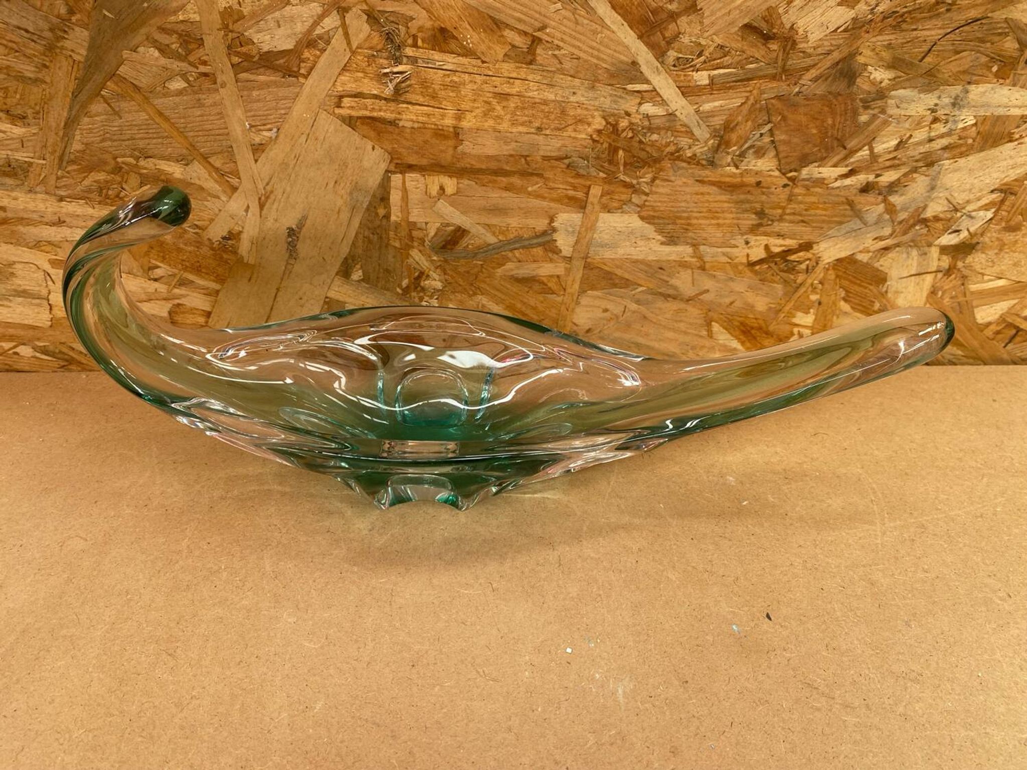 Ancien Vide Poche Coupe Cristal Vert & Transparent Vintage #B087
