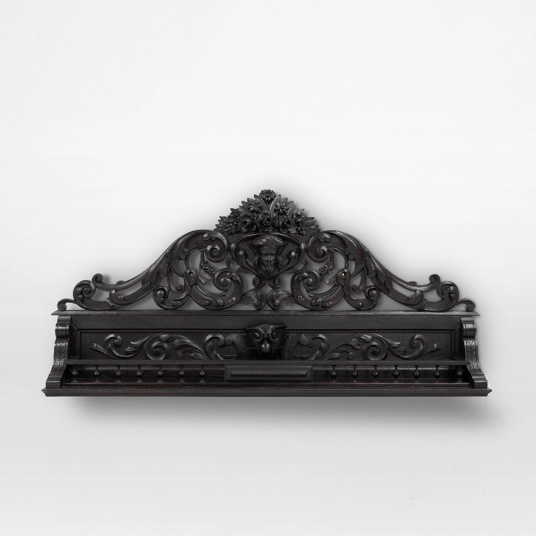 Baroque Richly Carved Black Wooden Sculptured Shelf, France, 1850s
